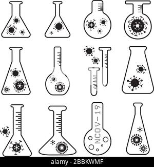 Virus vaccine research vector flask icons set Stock Vector