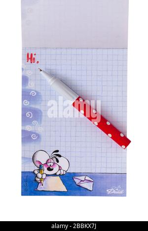Diddl glitter flitter block book notepad with pen set on white background Stock Photo