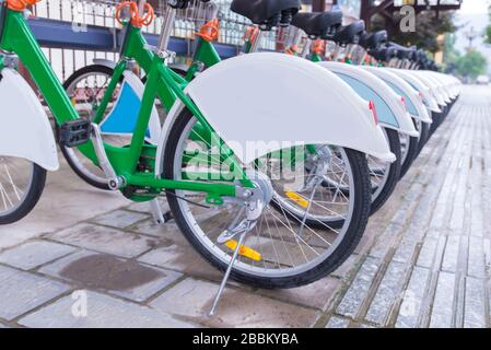 ladies bicycle for public on foot path. Stock Photo