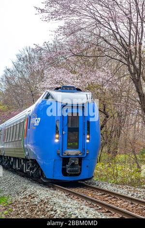 KiHa 283 series tilting diesel multiple unit train type, operated by Hokkaido Railway Company (JR Hokkaido) on limited express services in Hokkaido Stock Photo