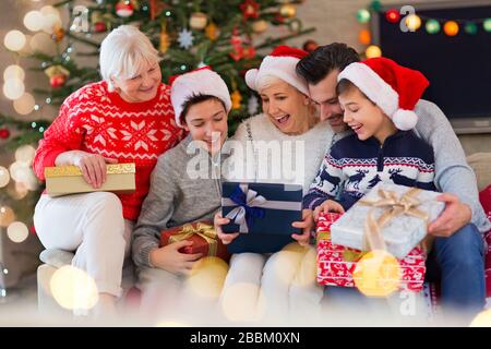 Smiling family at Christmas time Stock Photo