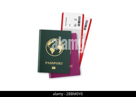 3d illustration of green realistic international passport ID with globe for vacation and journey with flight tickets, isolated on white background. Stock Photo