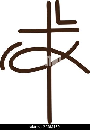 Vector illustration of Christian Logo online broadcast. monoline Emblem with concept of Cross and fish with Religious community Life. Design element Stock Vector