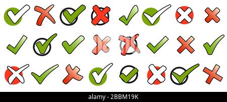 big collection of different green check marks and red crosses Stock Vector