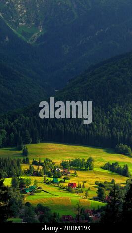 Panoramic view of a Tatra Mountains valley with meadows and farms seen from Toporowa Cyrhla village near Zakopane in Poland Stock Photo