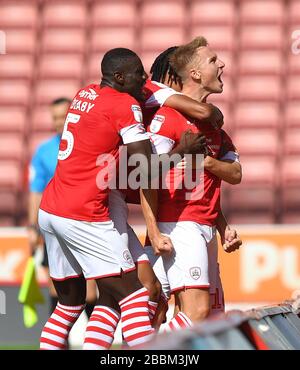 Barnsley's Cauley Woodrow celebrates scoring his team's opening goal Stock Photo