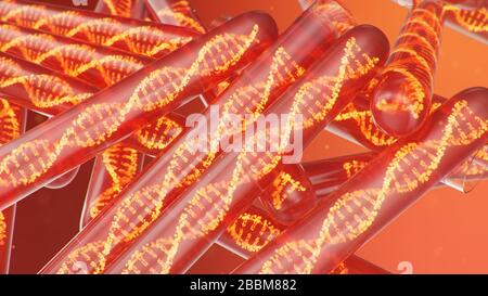 DNA molecule, its structure. Concept human genome. DNA molecule with modified genes. Conceptual illustration of a dna molecule inside a glass test Stock Photo