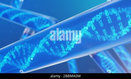 DNA molecule, its structure. Concept human genome. DNA molecule with modified genes. Conceptual illustration of a dna molecule inside a glass test Stock Photo