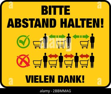 sign for supermarkets and stores saying PLEASE KEEP YOUR DISTANCE, THANK YOU in German language, keeping distance during covid-19 coronavirus pandemic Stock Vector