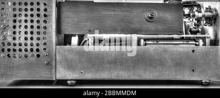 Close up view of a high frequency power amplifier with vacuum tubes in black and white Stock Photo