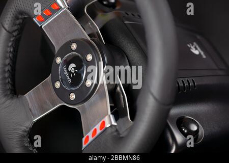 Tambov, Russian Federation - January 17, 2014  Close-up of Logitech steering wheel. Stock Photo