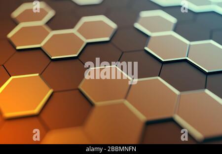Abstract 3d rendering of futuristic surface with hexagons. Contemporary sci-fi background with bokeh effect. Poster design. Stock Photo
