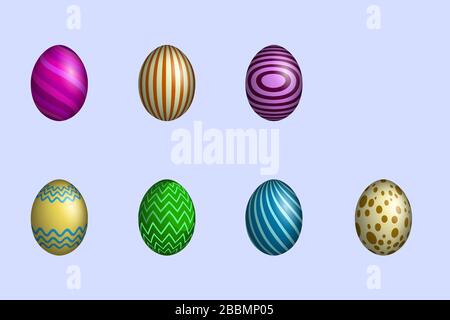 8 colored Easter eggs of different bright colors (pink,red,yellow,green, blue) with speckles,stripes, and geometric patterns. The holiday of light Eas Stock Vector