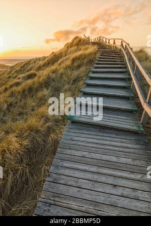Wooden stairs crossing the dunes to the beach of Norddorf on the German North Sea island of Amrum in  vibrant sunset Stock Photo