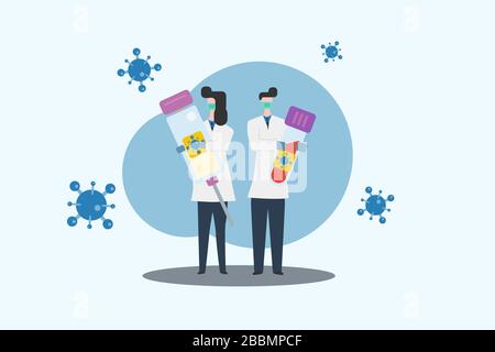 Female and male medical scientist carry big syringe and needle filled with vaccine for treating covid-19 and infected blood specimen in test tube. Stock Vector