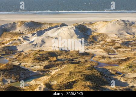 Aerial view of dune landscape and beach at the german North Sea island of Amrum Stock Photo