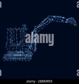 Wireframe of a small excavator of blue lines with luminous lights on a dark background. Side view. Vector illustration. Stock Vector