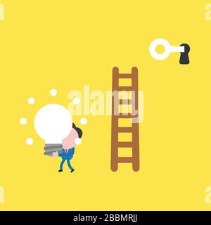 Vector illustration concept of businessman character climb to wooden ladder, unlock with key and take glowing light bulb idea. Yellow background. Stock Vector