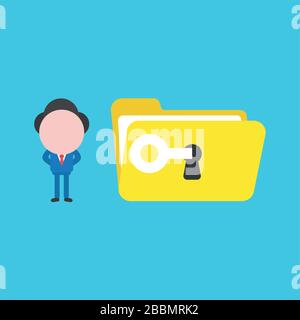 Vector illustration concept of businessman character unlock, open file folder with key. Blue background. Stock Vector
