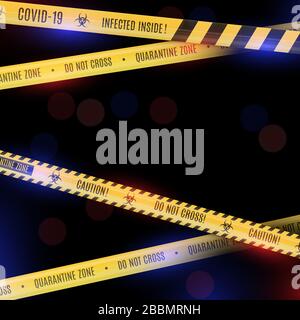Mystical bokeh background with yellow striped poetic tapes warning tapes about the dangers of coronavirus and quarantine. Stock Vector