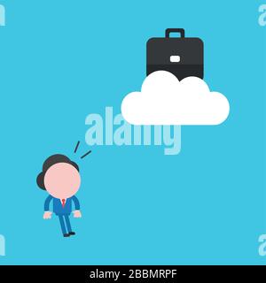 Vector illustration concept of businessman character looking briefcase on cloud. Blue background. Stock Vector