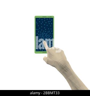 Polygonal hand of a man clicks on the screen of the phone. 3D. Vector illustration. Stock Vector