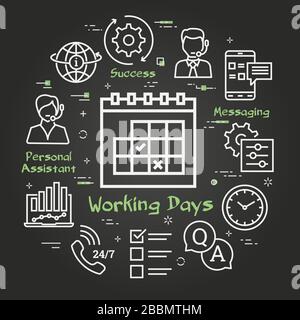 Vector black concept of online support - calendar with working days icon Stock Vector