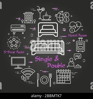 Vector black concept of single and double room in hotel Stock Vector