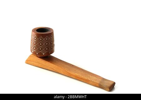 Wooden  hand crafted tobacco pipe on white background. Rustic, antic, vintage, rare Stock Photo