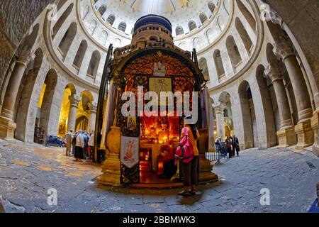 Holy Sepulchre Church in Jerusalem fisheye lens shot Stock Photo