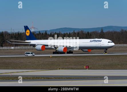 lufthansa planes park  due to the Corona, Covid 19 shutdownon the northwest runway of Frankfurt Airport, FRA, Germany Stock Photo