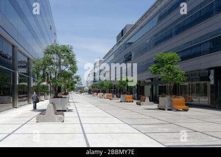 Wide modern avenue with young trees planted by Hilton hotel, Puerto Madero, Buenos Aires, Argentina Stock Photo