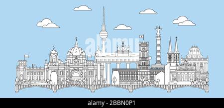 Panoramic vector line art illustration of landmarks of Berlin, Germany. Berlin skyline monochrome vector illustration isolated on blue. Moscow vector Stock Vector