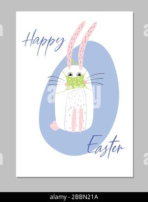 Funny easter bunny in a medical mask on a background of an egg. Cute postcard. Great for Easter greetings in the mail Stock Vector