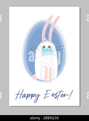 Funny easter bunny in a medical mask on a background of an egg. Cute postcard. Great for Easter greetings in the mail Stock Vector