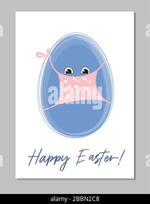 Funny easter egg in a pink medical mask. Cute postcard. Great for Easter greetings in the mail