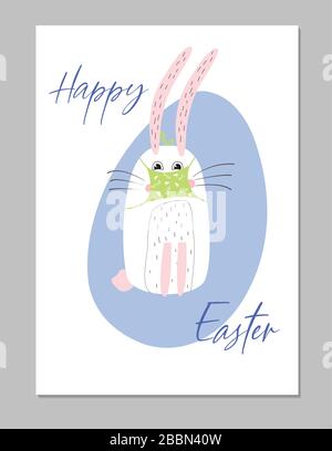Funny easter bunny in a medical mask on a background of an egg. Cute postcard. Great for Easter greetings in the mail Stock Vector