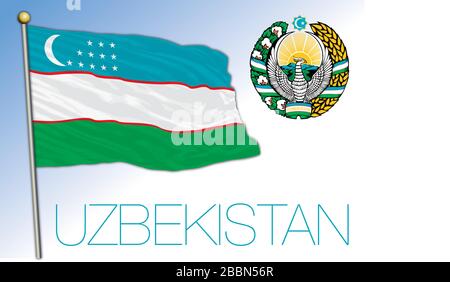 Uzbekistan official national flag and coat of arms, asiatic country, vector illustration Stock Vector