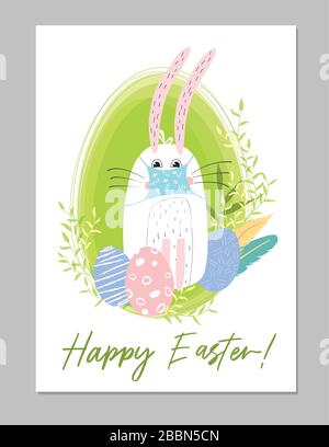 Funny easter bunny in a medical mask on the background of the egg, with leaves and easter eggs. Cute postcard. Great for Easter greetings in the mail Stock Vector