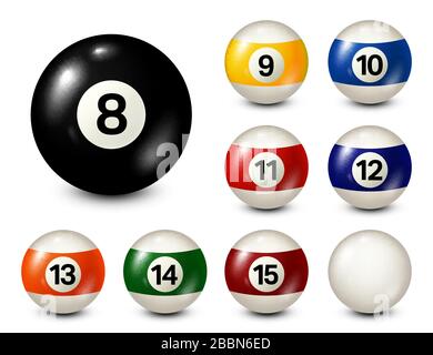 Billiard, pool balls with numbers collection. Realistic glossy snooker ball. White background. Vector illustration. Stock Vector