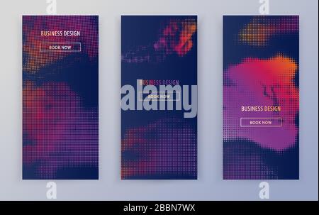 Halftone cloud effect. Halftone smoke dark violet background. Business vibrant banners. Social Media Design. Retro 80's style colors and textures Stock Vector