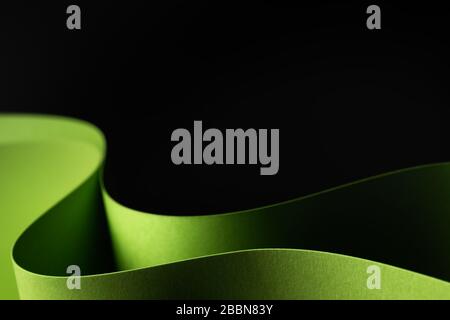 Abstract - closeup of two sheets of rolled green paper on a black background. Simple, isolated object with text space. Stock Photo