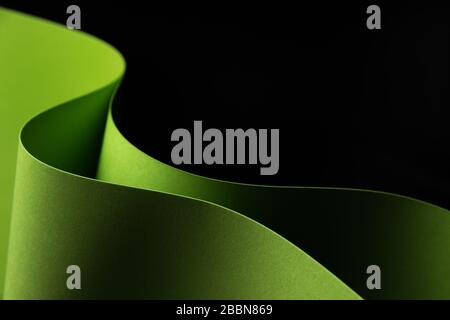 Abstract - closeup of two sheets of rolled green paper on a black background. Simple, isolated object with text space. Stock Photo