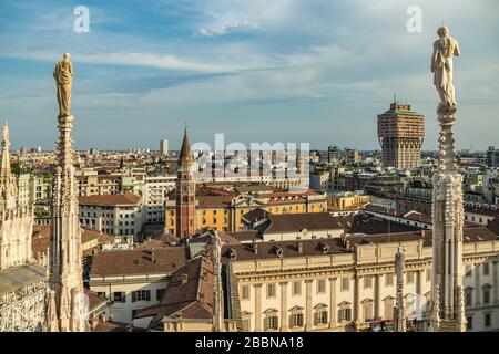 Milan, Italy - Aug 1, 2019: Aerial View from the roof of Milan Cathedral - Duomo di Milano, Lombardy, Italy. Stock Photo