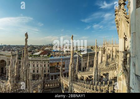 Milan, Italy - Aug 1, 2019: Aerial View from the roof of Milan Cathedral - Duomo di Milano, Lombardy, Italy. Stock Photo
