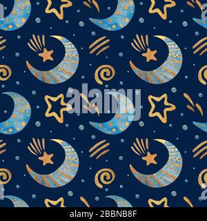 Watercolor seamless pattern with the moon, stars, and clouds. Gold watercolor on the dark background. Kids watercolor night illustration. Stock Photo