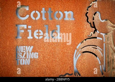 Manchester Cotton Field Park, New Islington Marina, sign in rushed metal Stock Photo