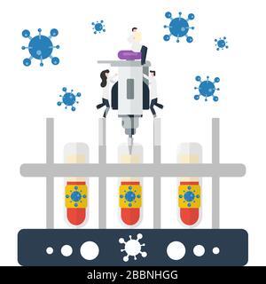 Two lab technician handling big autopipette on the covid-19 blood specimen rack while the other one sitting and reading result report. Stock Vector