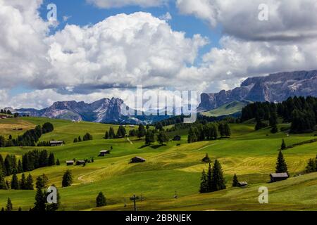 Alpe di Siusi with Sella Group Mountains in the Background Stock Photo