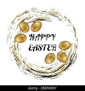 Happy Easter. Greating postcard. Golden eggs in a nest. Stock Vector